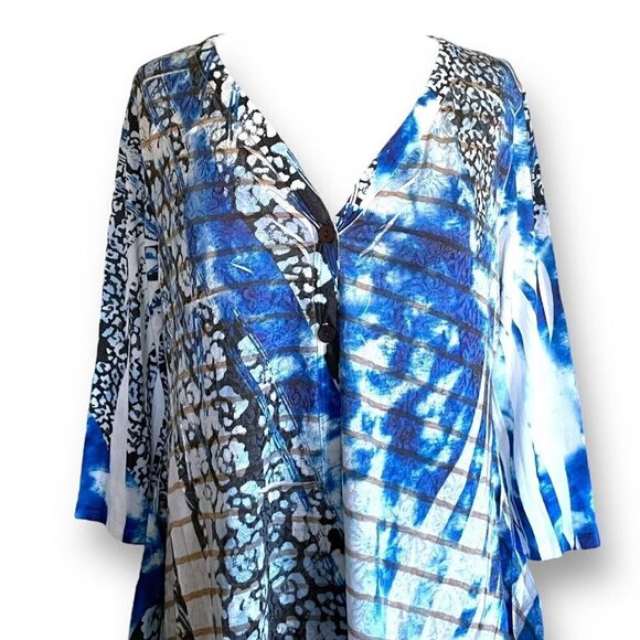 Cubism Womens Cardigan Sz M Indigo Blue Shibori Sublimation Lace Knit Artsy Boho - Picture 2 of 7